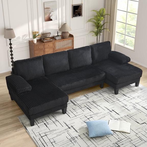 FFH 114" U Shaped Couch, Oversized Sectional Sofa with Double Chaise, Modular Cloud Couch Corduroy 4 Seater Sofa Set for Living Room, Black