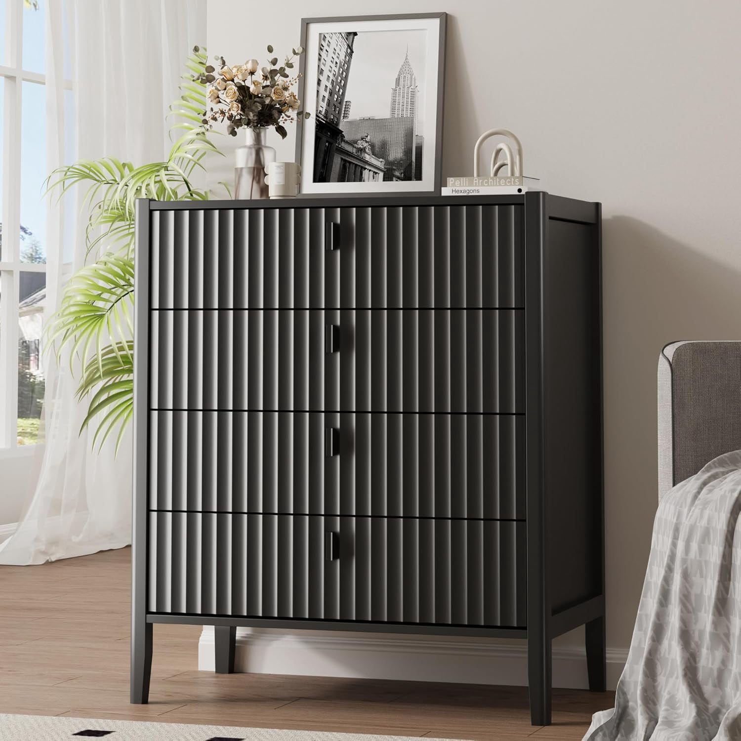 FURNIWAY Black Dresser for Bedroom, 4 Drawers Dresser Wood Storage Tower Clothes Organizer, Chest of 4 Drawers, Large Capacity Storage Cabinet, Nightstand for Bedroom, Hallway, Entryway