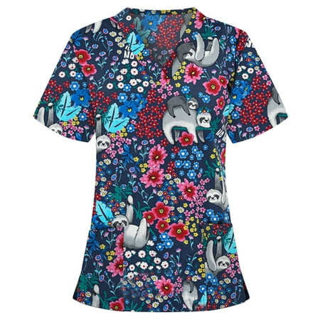 

UMfun Women s Scrubs Top with Pocket V-Neck Animal Printed Casual Short Sleeve Top Nurses Tunic Uniform Clinic Carer V-Neck Protective Clothing Tops Blue 2XL
