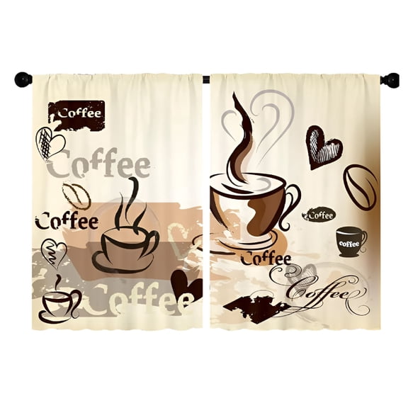 AUQ 2026 New Coffee Kitchen Curtains,Cafe Brown Tea Retro Art Small Short Cafe Window Curtain Over Sink Bathroom Dining Room Decor Rod Pocket Window Drapes 2 Panels 36"