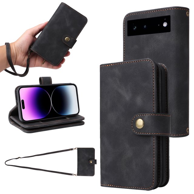 for Google Pixel 6 Pro Wallet Case, PU Leather 6 Card Slots Removable Adjustable Crossbody Necklace Lanyard Shoulder Strap Zipper Bag Anti-Falling Rugged Case for Google Pixel 6 Pro,Black