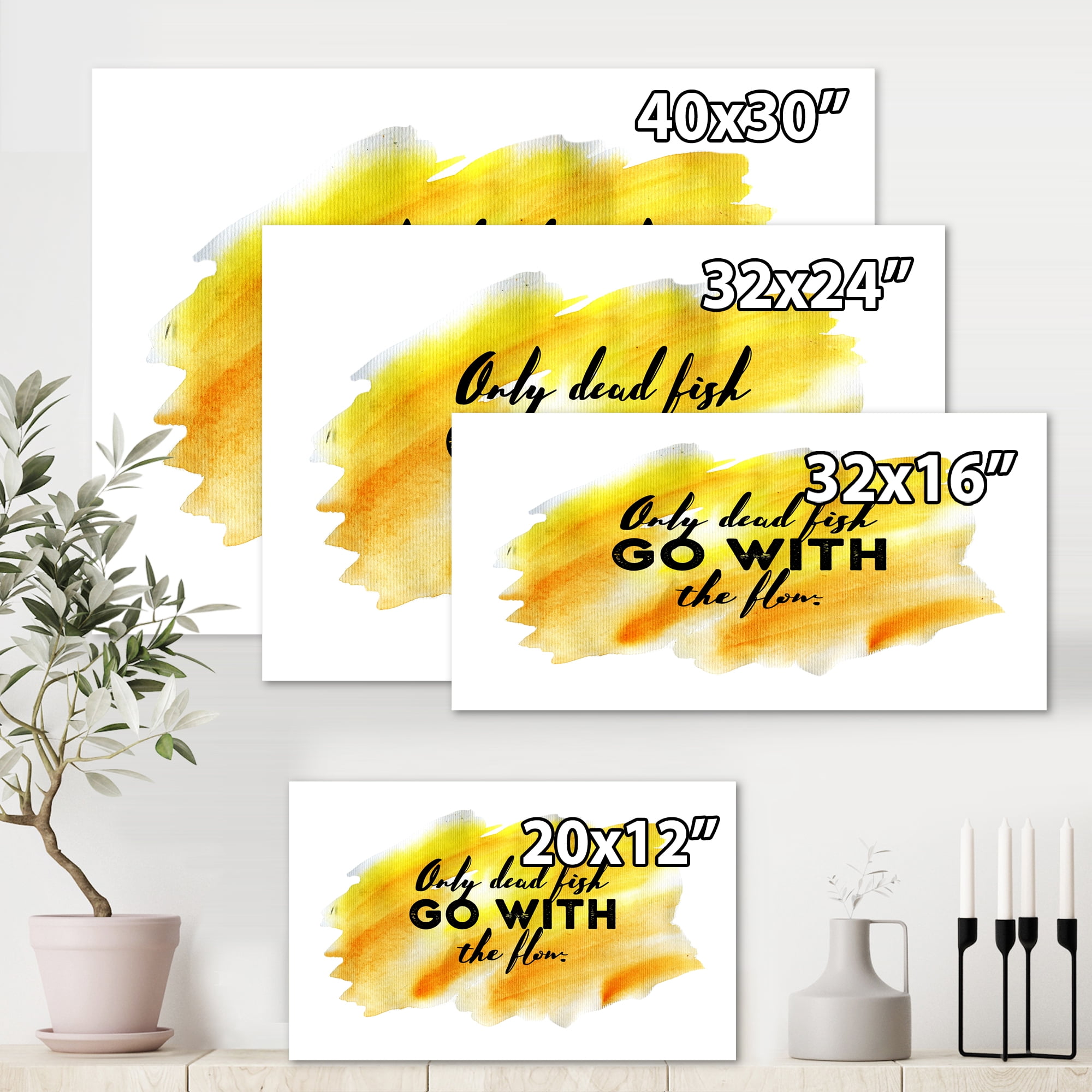 Designart ' Only Dead Fish Go With The Flow On Yellow Strokes ' Modern Canvas Wall Art Print
