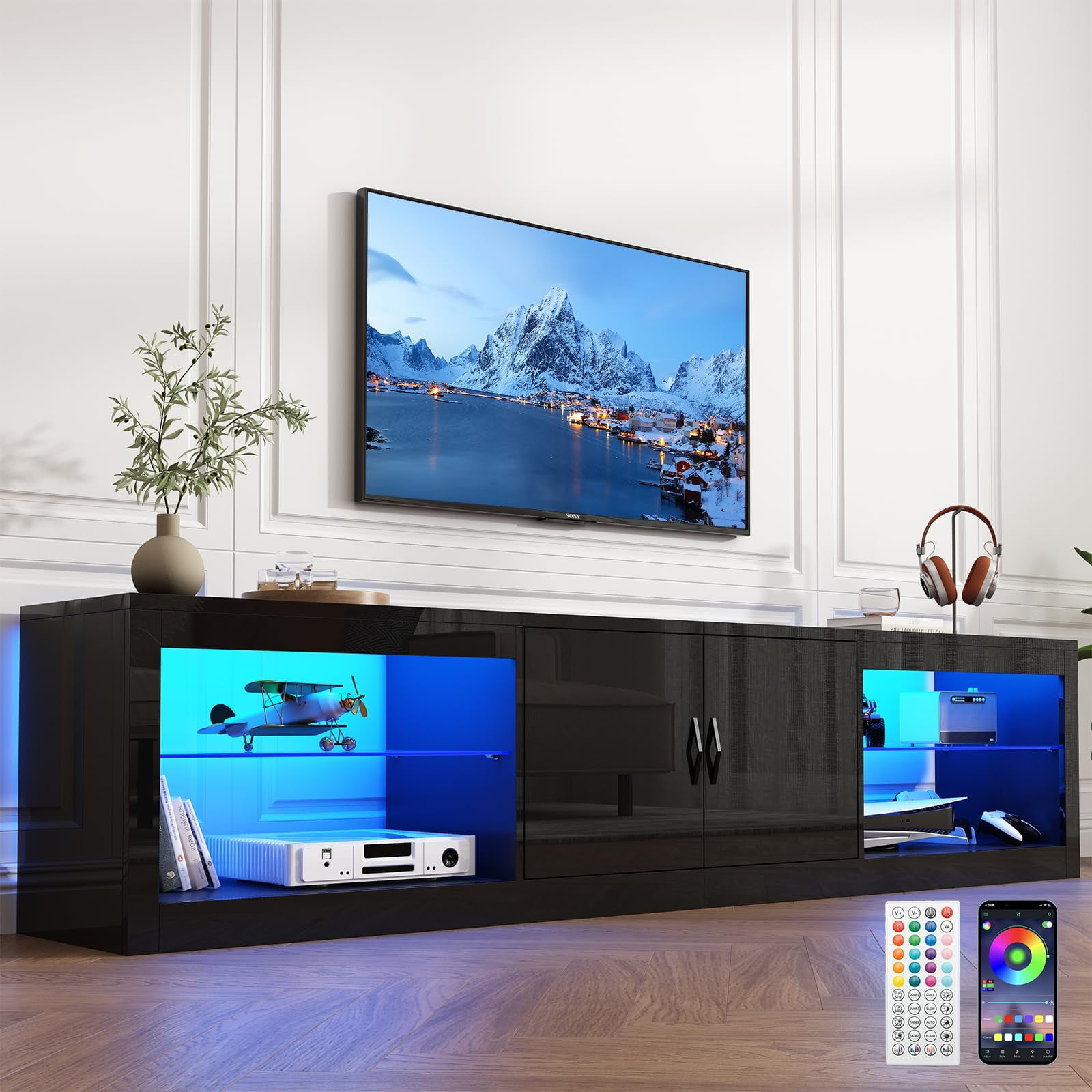 ChVans Large LED TV Stand for 85/90/100" TV with Power Outlets, Living Room Entertainment Center with Storage Drawers&Cabinets Furniture, Black High Gloss TV Cabinet Console Table-86.6"