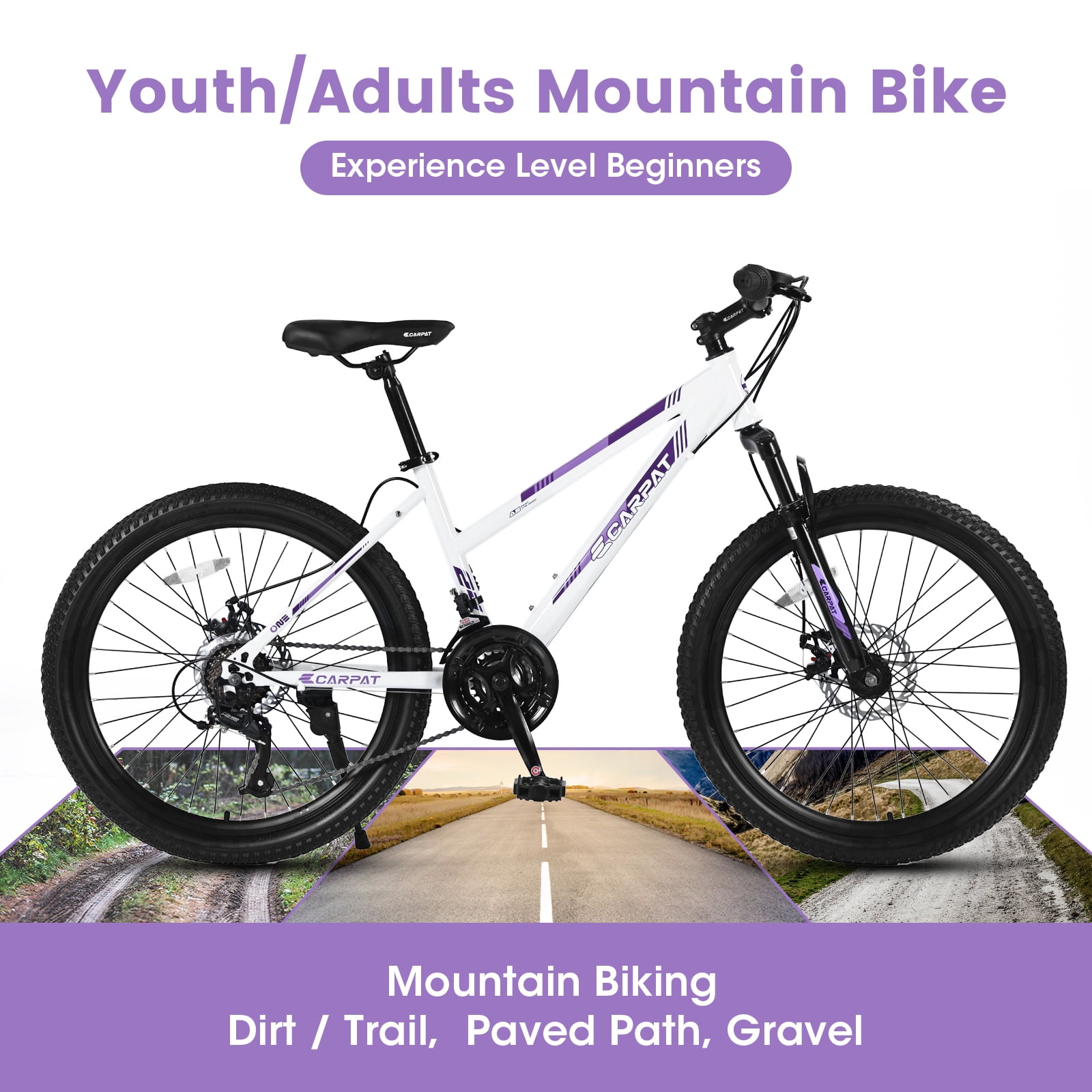 Women's Mountain Bike 24 Inch Wheels, 21-Speed Trail Commuter City Mountain Bikes, Carbon Steel Frame Female Bicycles Disc Brakes Front Fork, White