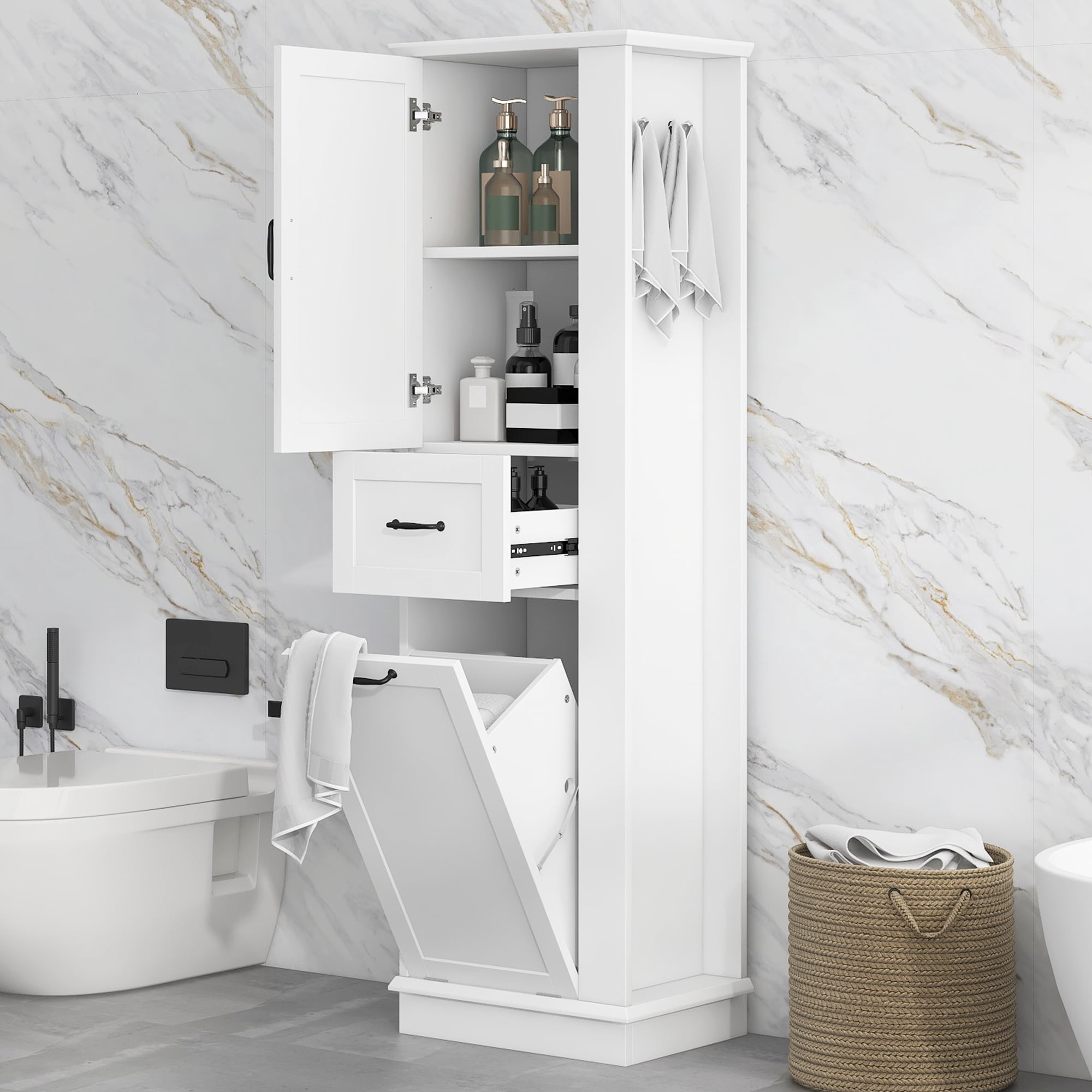 Euroco Tall Bathroom Storage Cabinet with Tilt-Out Hamper, Adjustable Shelves, Soft-Close Hinges, Side Hooks, Modern Slim Linen Tower Organizer