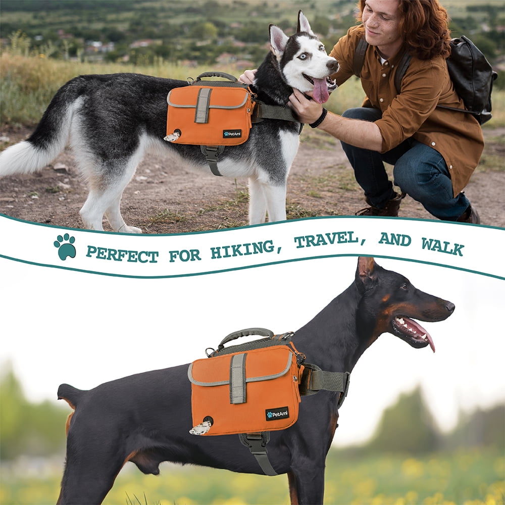 PetAmi Dog Backpack for Medium Large Dogs, Dog Saddle Bag For Dogs to Wear, Harness Saddlebag with Reflective Safety Side Pockets for Hiking, Camping, Vest Dog Pack for Travel (Orange, Large)