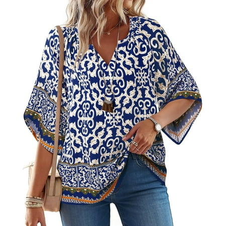UVN Womens Summer Blouses Bohemian 3/4 Bell Sleeve Shirts for Women V Neck Flowy Casual Pleated Tops