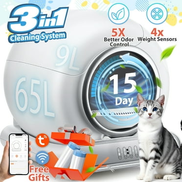 Self Cleaning Litter Box, 65 L 9L Automatic Cat Litter Box Self Cleaning for Multiple Cats, with Safety Protection, App Control,2 Roll Garbage Bags