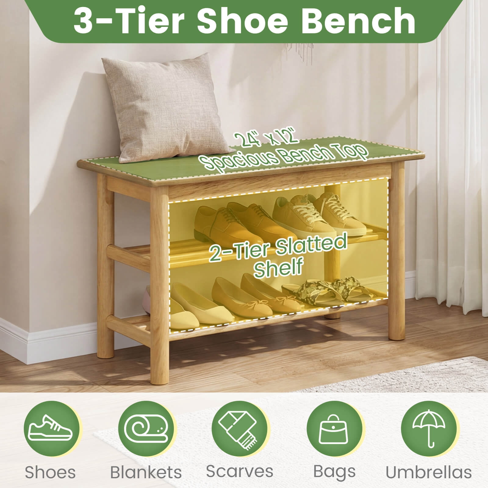 Costway Shoe Rack Bench,3-Tier Rubberwood Freestanding Shoe Changing Bench with Slat Shelve
