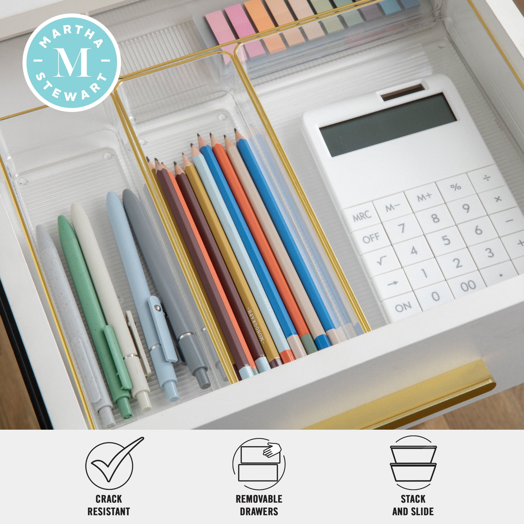 Martha Stewart Kerry Plastic Stackable Office Desk Drawer Organizers with Gold Trim, Various Sizes, Set of 5