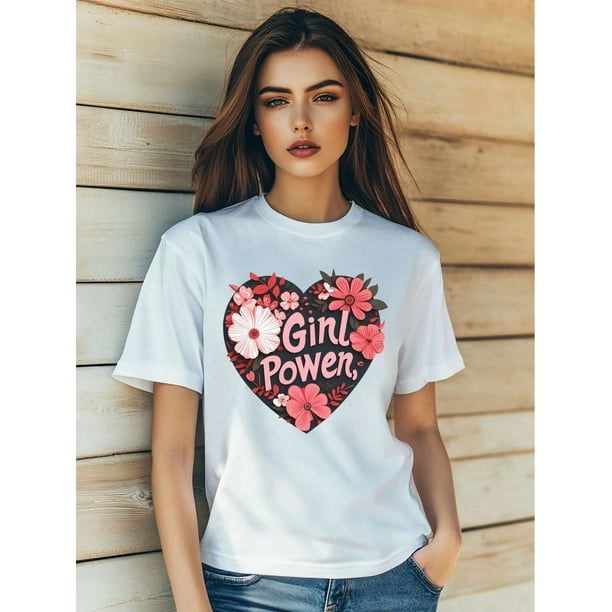 Camiseta De Verano Para Mujer, Moda Informal, Ropa Cómoda, Camisetas De Manga Corta MWomen's Summer Casual T-Shirt Fashion Gril Power Love Cool Cartoon Fashion Flowers Print Short SleevCamisetas de