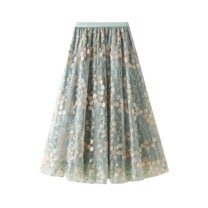 SWSMCLT Women's Casual Cute Embroidered Fall Skirt Layered Tulle Skirt Tulle Calf Length Elastic Fitted Green Small-Large