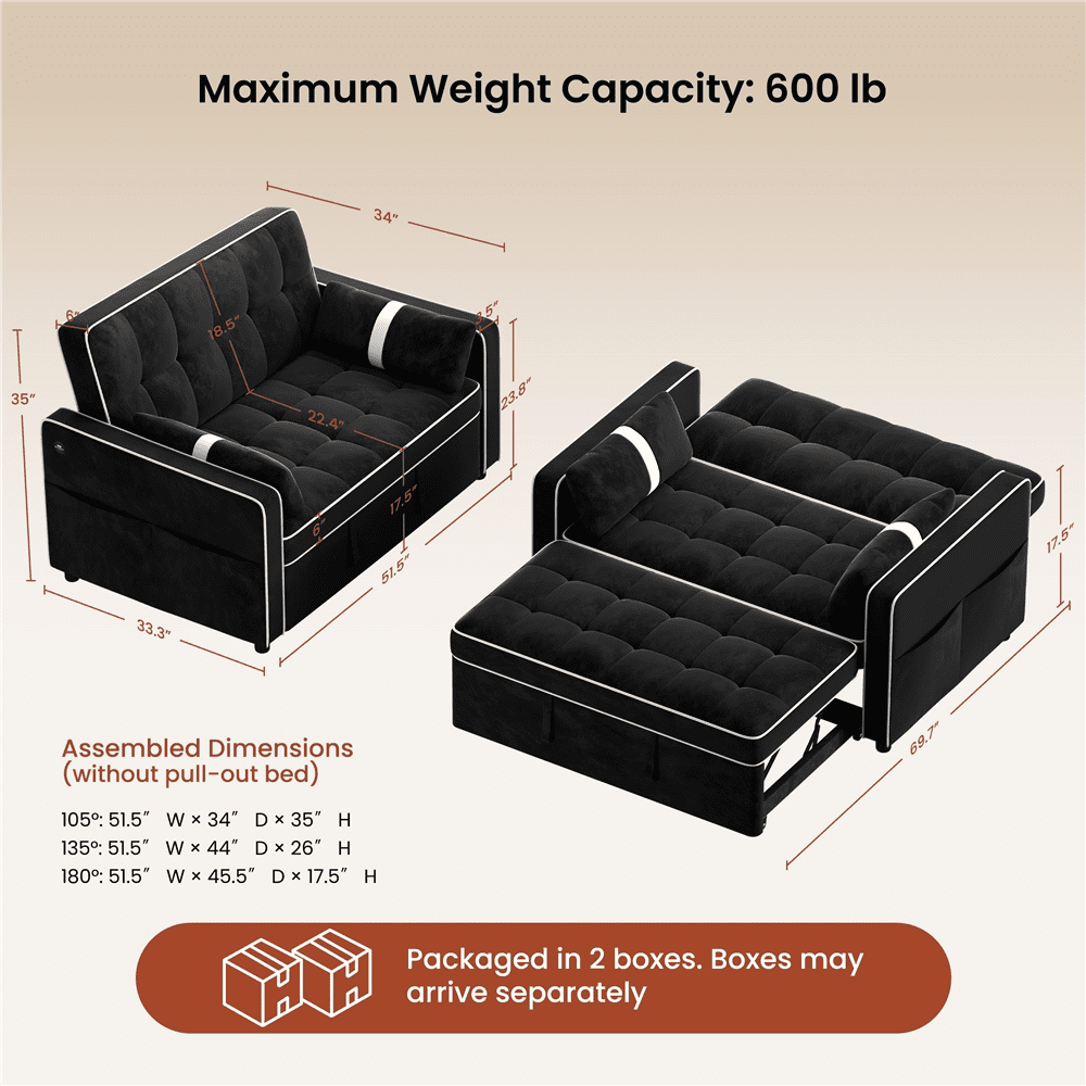Renwick Convertible Sleeper Sofa Bed 3-in-1 Pull Out Couch Velvet Loveseat Couch with Adjustable Backrest, USB Ports, Side Pockets and Pillows for Living Room Bedroom, Black