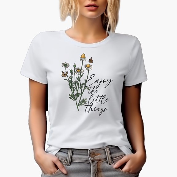 Enjoy the Little Things Quote with Daisies & Butterflies Design Merch Gift, White T-Shirt, Small