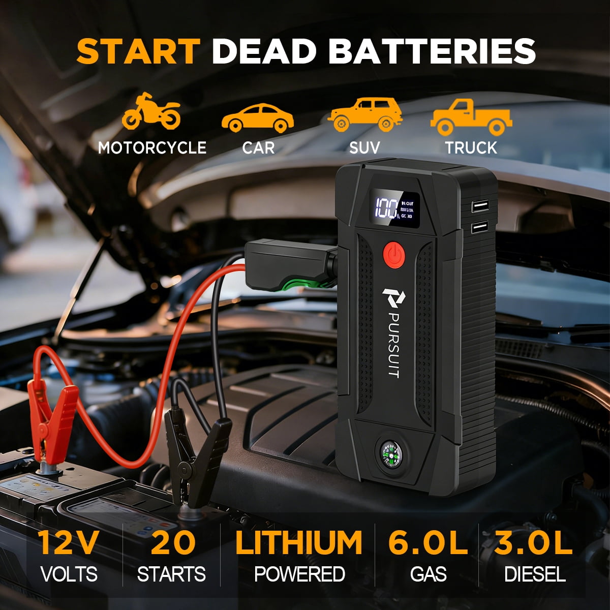 Pursuit 5000A Car Jump Starter for Travel, Compact 12V Lithium Battery Booster Jump pack with 3 Modes Flashlight for 8.0L Gas and 2.0L Diesel Engines, Ultrasafe Jump Box Power Bank