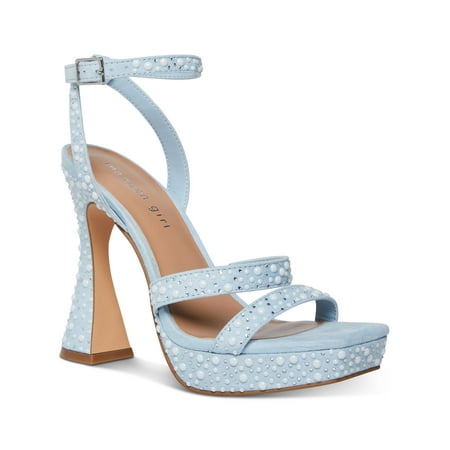 

MADDEN GIRL Womens Light Blue Padded Embellished 1 Platform Adjustable Strap Ankle Strap Zanee Square Toe Flare Buckle Heeled Sandal 5 M
