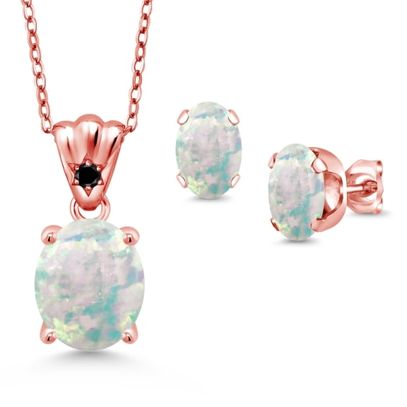 18K Rose Gold Plated Silver White Opal and Black Diamond Pendant and Earrings Jewelry Set for Women (4.03 Cttw, Gemstone Birthstone, Oval Cabochon 11X9MM and 8X6MM with 18 inch Silver Chain)