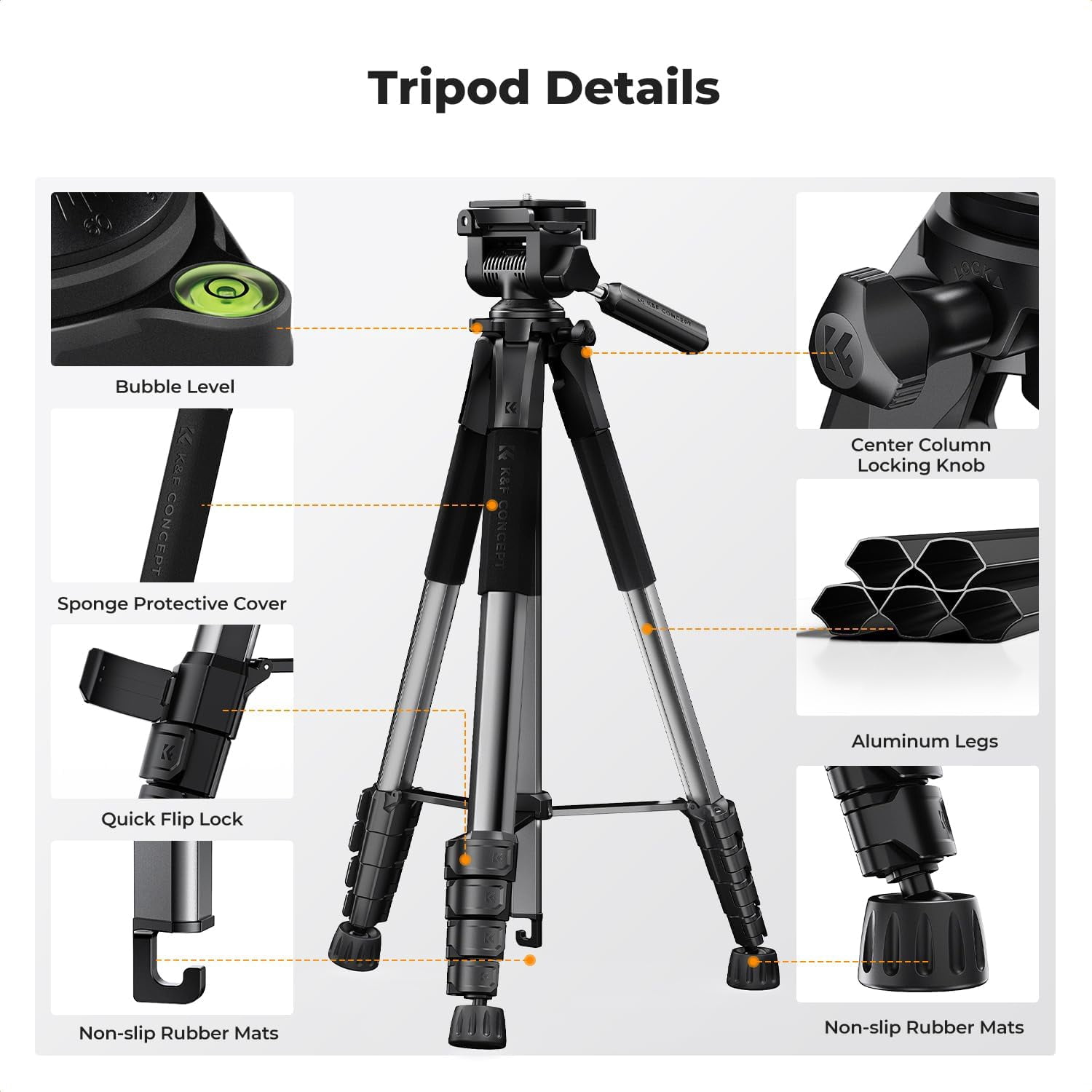 K&F CONCEPT Camera Tripod, 75" Lightweight Portable Travel Outdoor DSLR Tripods for Camera Phone Video Recording Tripod Stand, Cellphone Clip for Smartphone Live Streaming Vlog, Dark Grey