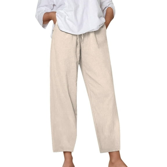 cocolona Womens Plus Size Linen Pants Elastic Waist Drawstring Straight Leg Pants Casual Loose Cropped Pants Beach Vacation Clothes
