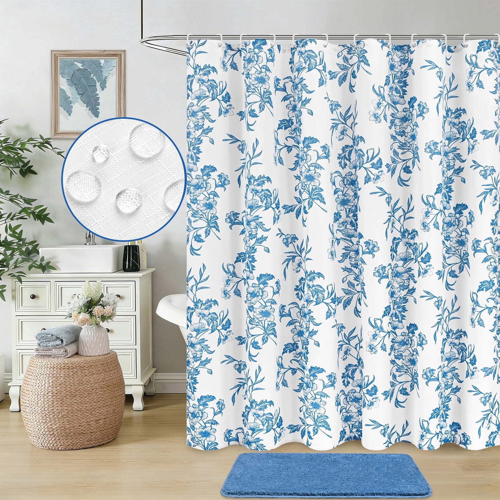FRAMICS Blue Floral Shower Curtain Sets with Rug and Hooks, 14-Piece Heavy Duty Fabric Cottagecore Bathroom Sets, Waterproof and Mildew-Resistant