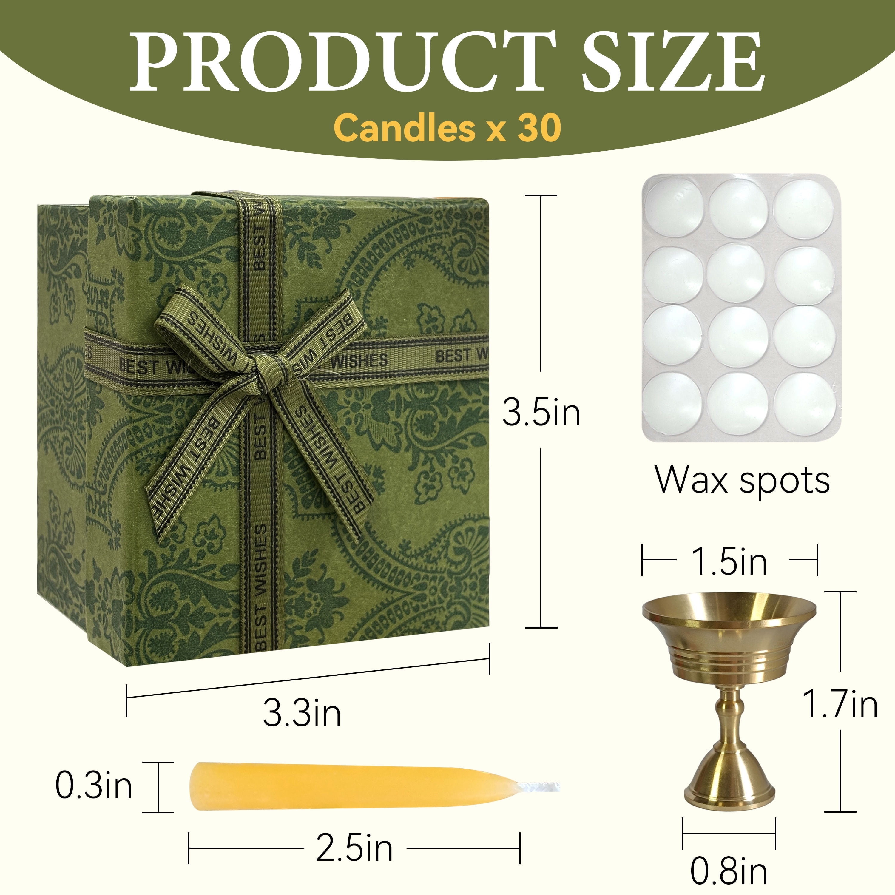 FCMSHAMD 2.5inch Mindful Meditation Candles Beeswax Mini Taper Candle, Set of 30Pcs with Brass Candle Holders and Candle Wax Sticky Dots Candles Gift for Yoga Relaxation Mediation Prayer