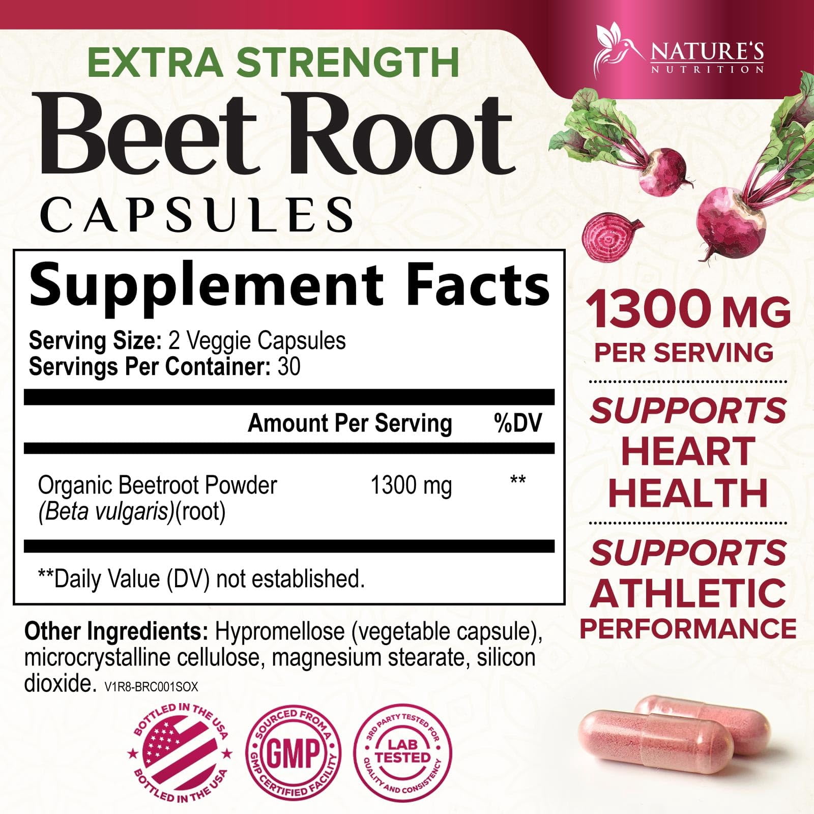 Organic Beet Root Capsules - 1300mg Extra Strength Beetroot Powder Supplement - Supports Nitric Oxide Production, Heart Health & Natural Energy - for Men & Women - Bottled in USA - 60 Veggie Capsules
