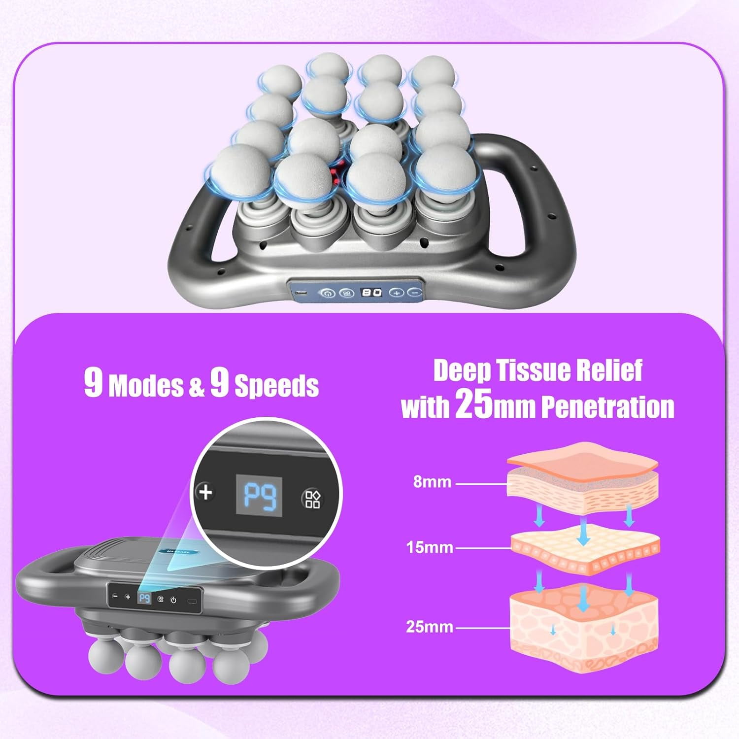 Deep Tissue Massage Gun with 16 Heads & 9 Modes for Full Body Muscle Recovery