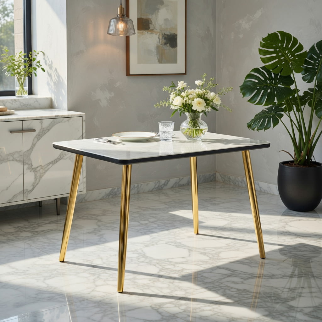 Hommoo Modern Rectangular Dining Table for 4-6 People, Tempered Glass & MDF Top with Imitation Marble Finish, Tapered Metal Legs, Minimalist Design for Small Spaces, White & Gold