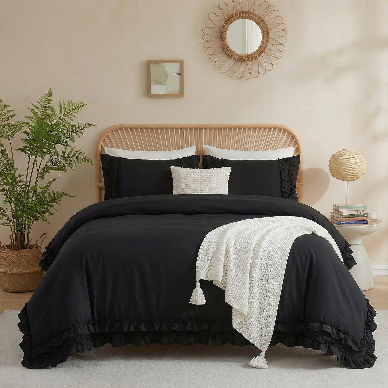 100% Cotton Ruffled Comforter Set Queen, White Shabby Chic Farmhouse Bedding Set French Country Cute Comforter Set