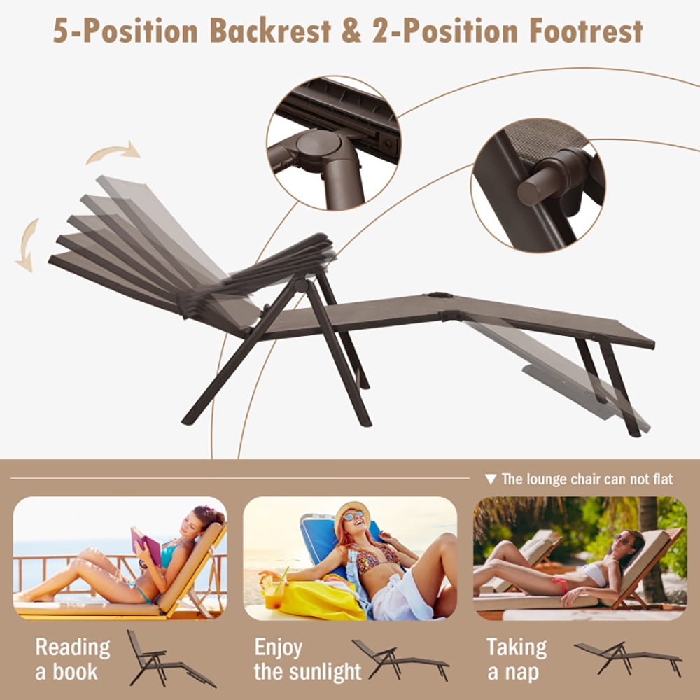 Aimee Lii Patio Foldable Chaise Lounge Chair with Backrest and Footrest, Patio Loungers, Brown