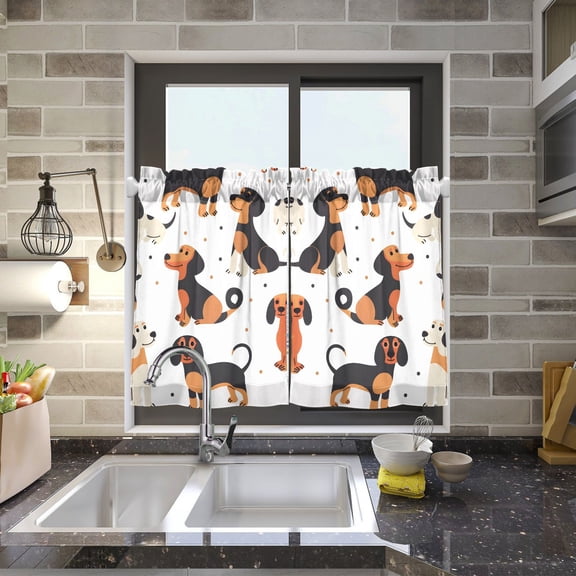 Cartoon Happy Dachshund Dogs Kitchen Curtains Half Tier Curtain 2 Rod Pockets Bathroom Bedroom Cupborad Living Room 27"x24"