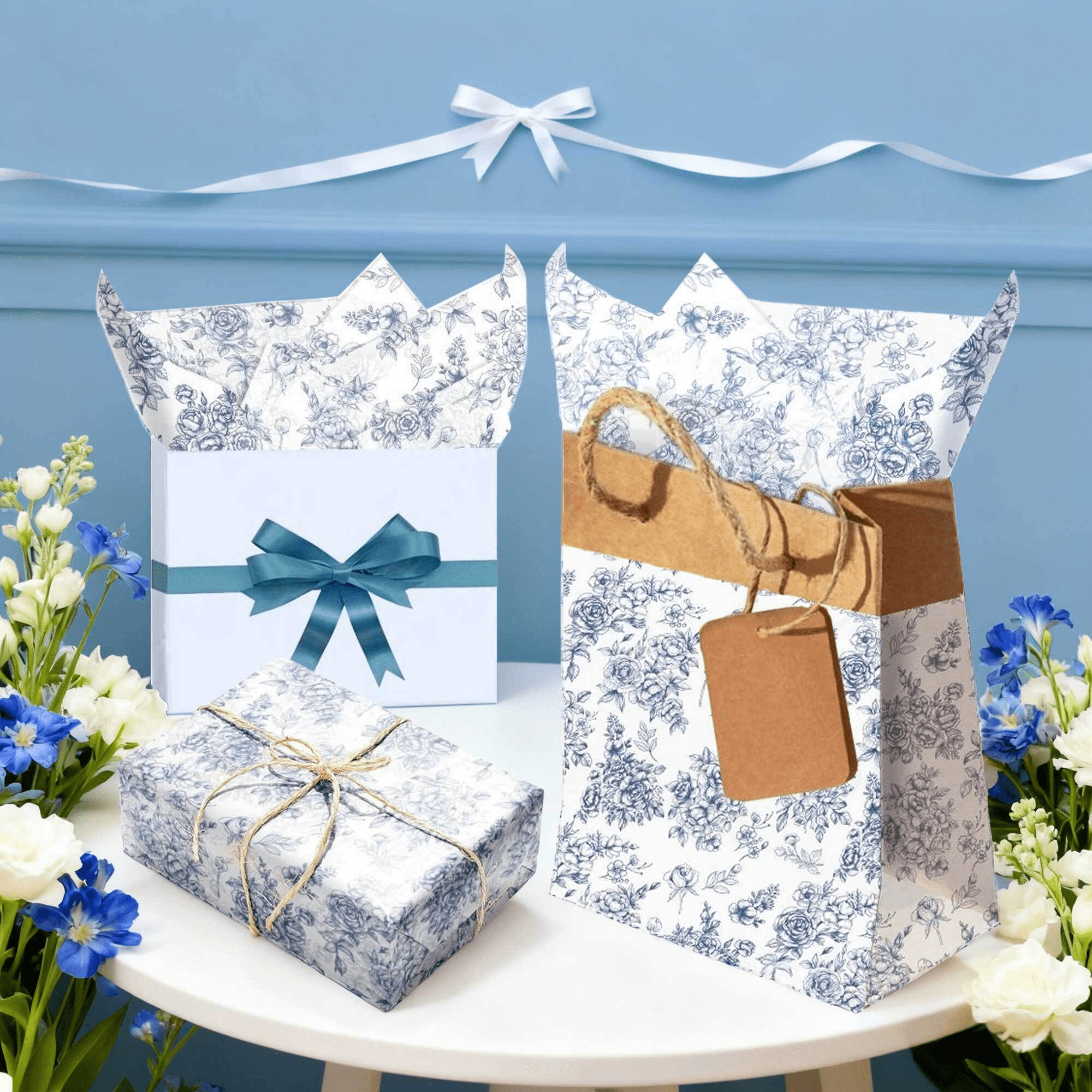 Blue Floral Tissue Paper - Vintage Elegant Hand-Painted Flower Design for Party Decor & Gift Wrapping