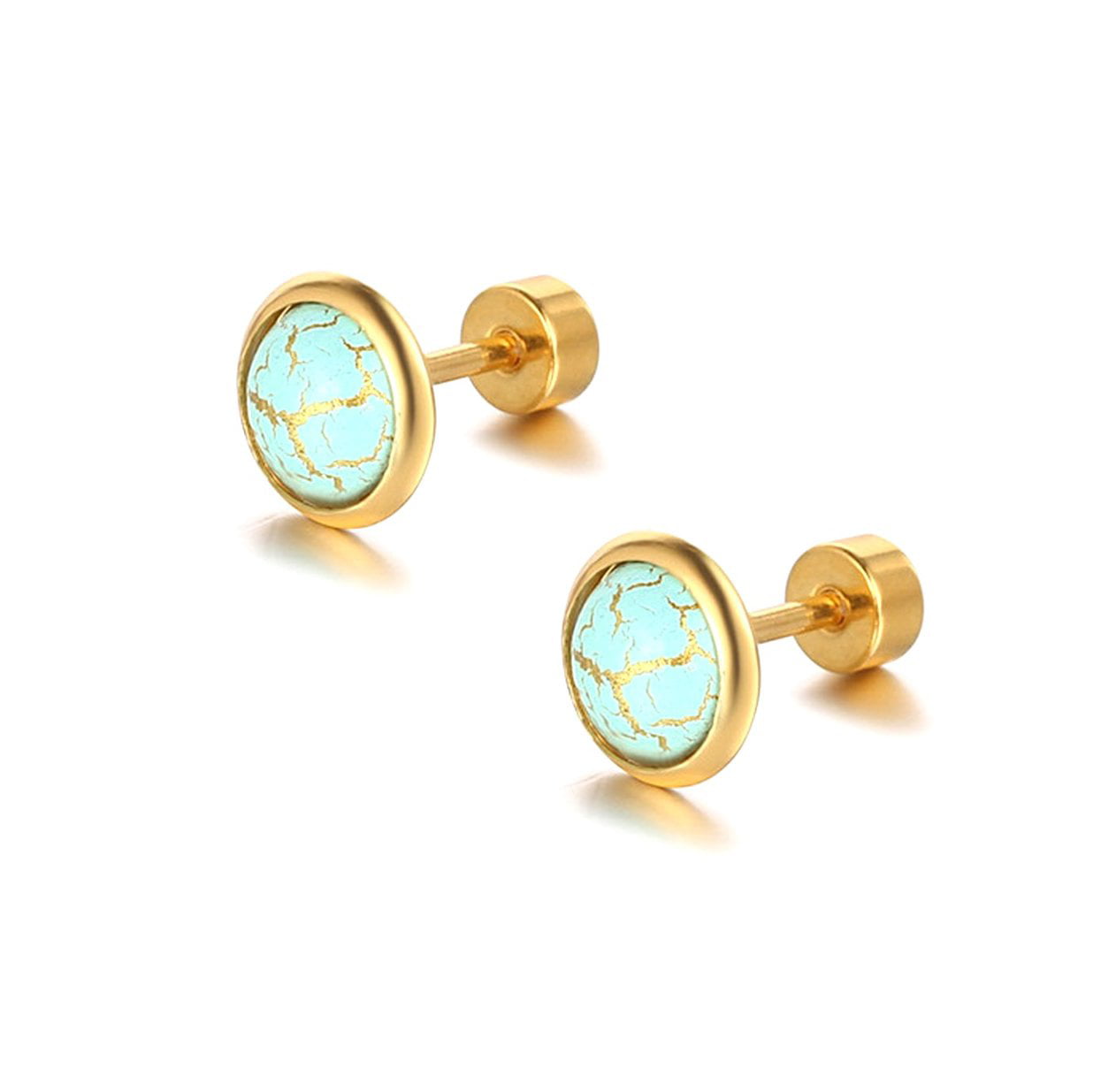 14K Solid Yellow Gold Black Enamel Inlayed Small Moon Screw back Earrings. 