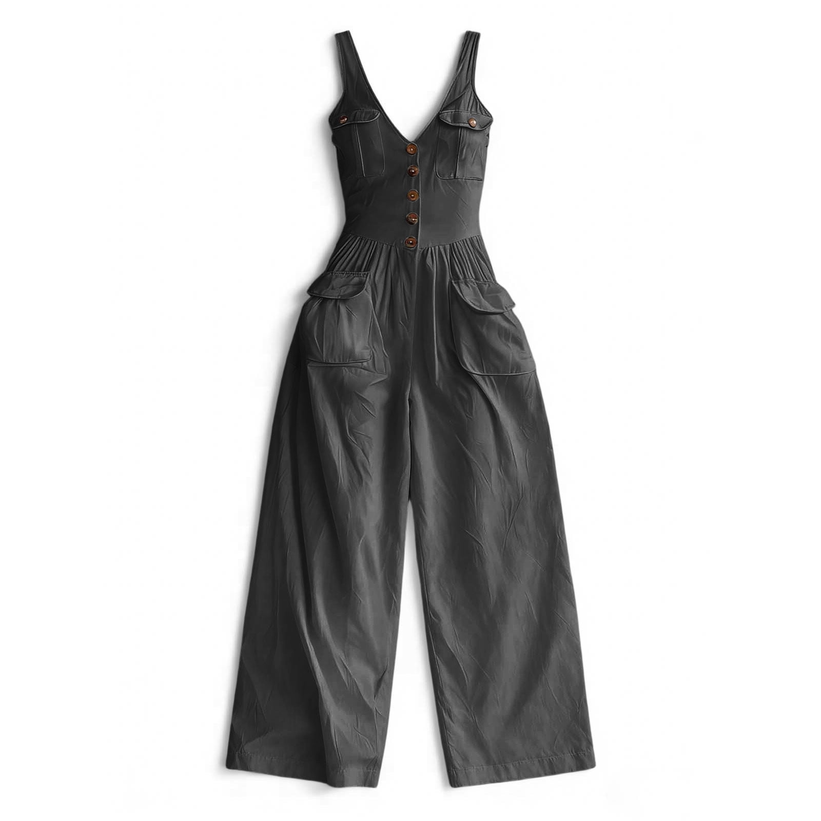 ZGRBOU Women's Jumpsuit V Neck Sleeveless Solid Button Down Wide-Leg Pant Vintage Western High Waist Going Out Romper