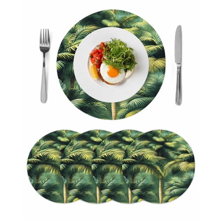 Summer Palm Tree Round 15 Inch Placemats Set of 4 Nature Green Tropical Plant Leaves HeatResistant Non Slip Place Mats for Dining Table Wipeable Braided Kitchen Table Mats for Housewarming