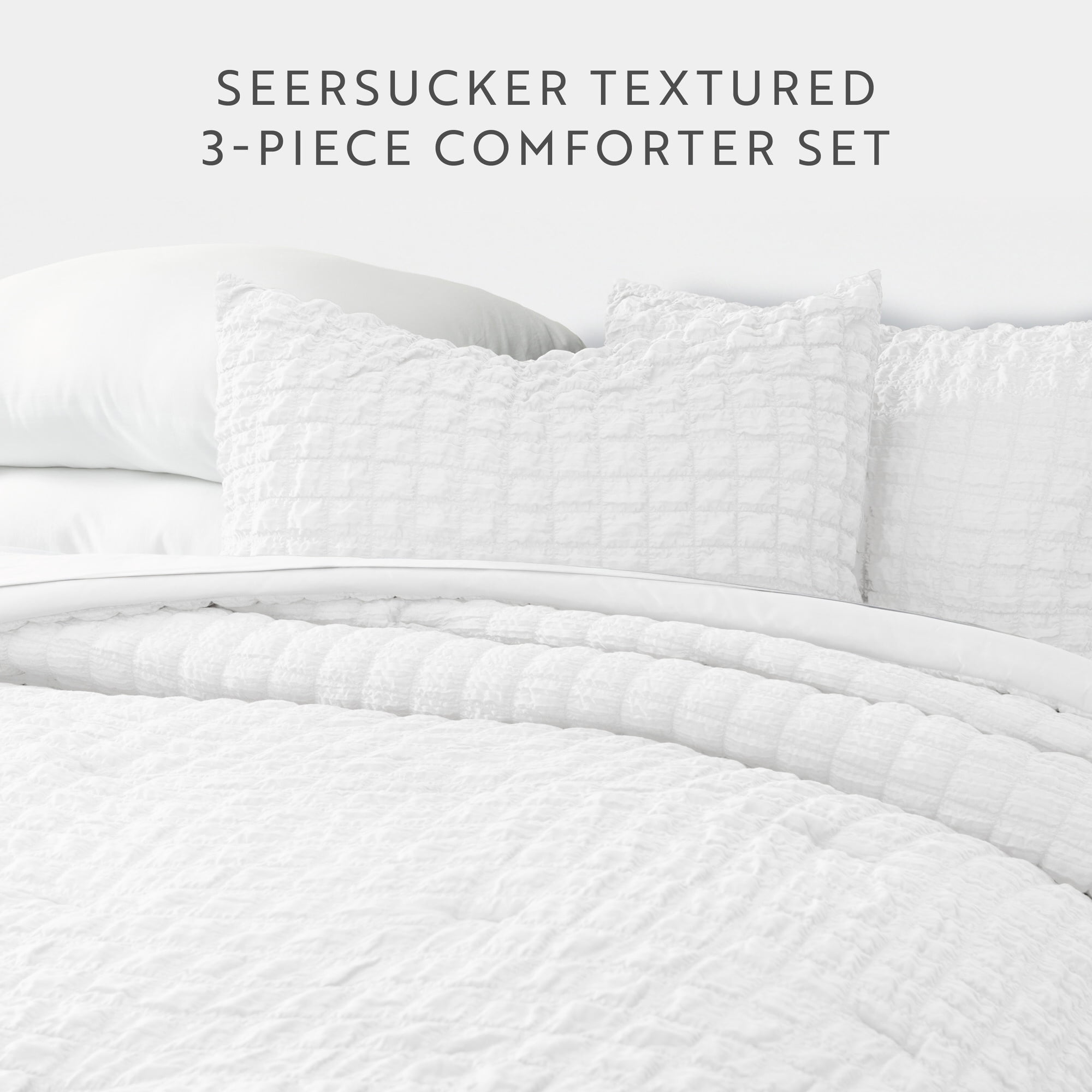 Noble Linens 3 Piece Seersucker Textured All Season Down-Alternative Comforter Set, White, Full/Queen