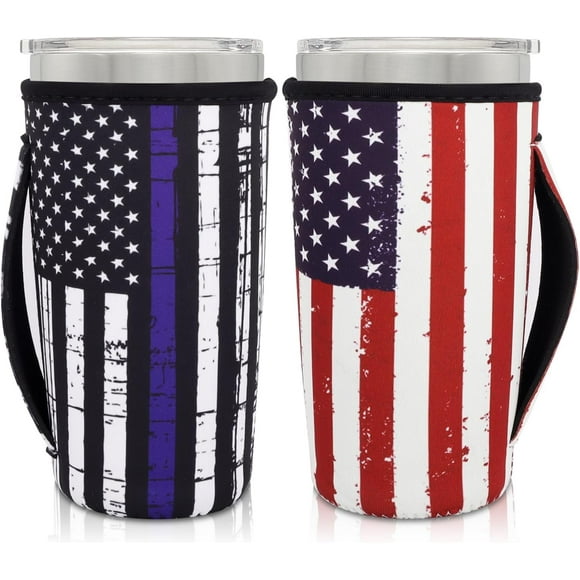 SHILIU-Neoprene Insulated Sleeves Cup Holder with Handle for 20oz Tumbler Cups, Reusable Iced Coffee Sleeve Compatible with Starbucks Trenta, Dunkin Large, more(American flag(2 Pack))
