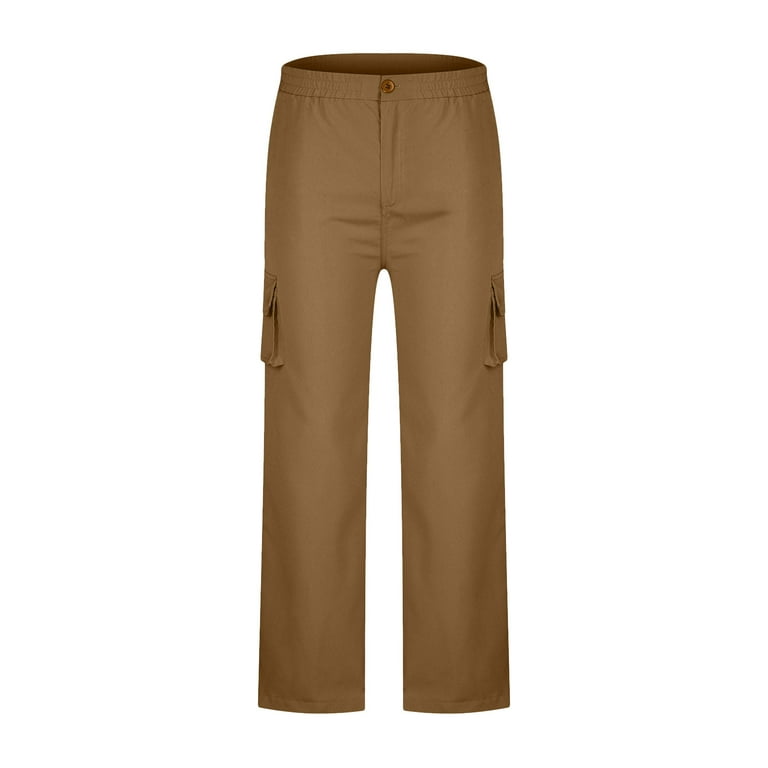 Cassual Cargo Pants for Women Solid Elastic Waist Straight Leg Pant 6  Pockets Plus Size Versatile Pants for Work Outdoor(L,Khaki)