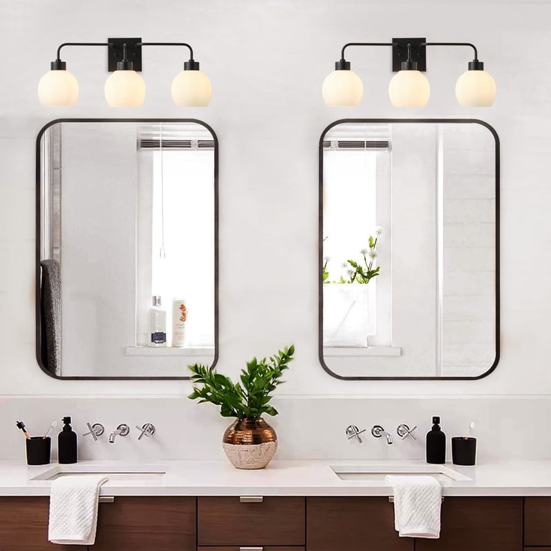 3-Light Black Vanity Light with Frosted Glass Shades, Stylish Bathroom Wall Sconce for Over Mirror, Bedroom (24.6 IN)