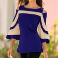 thumbnail image 2 of JGGSPWM Women Color Block Blouse Cold Shoulder Tunic Flare 3/4 Sleeve Shirts 2023 Spring Fall Tshirts Boat Neck Tees Dressy Tops Blue S, 2 of 5