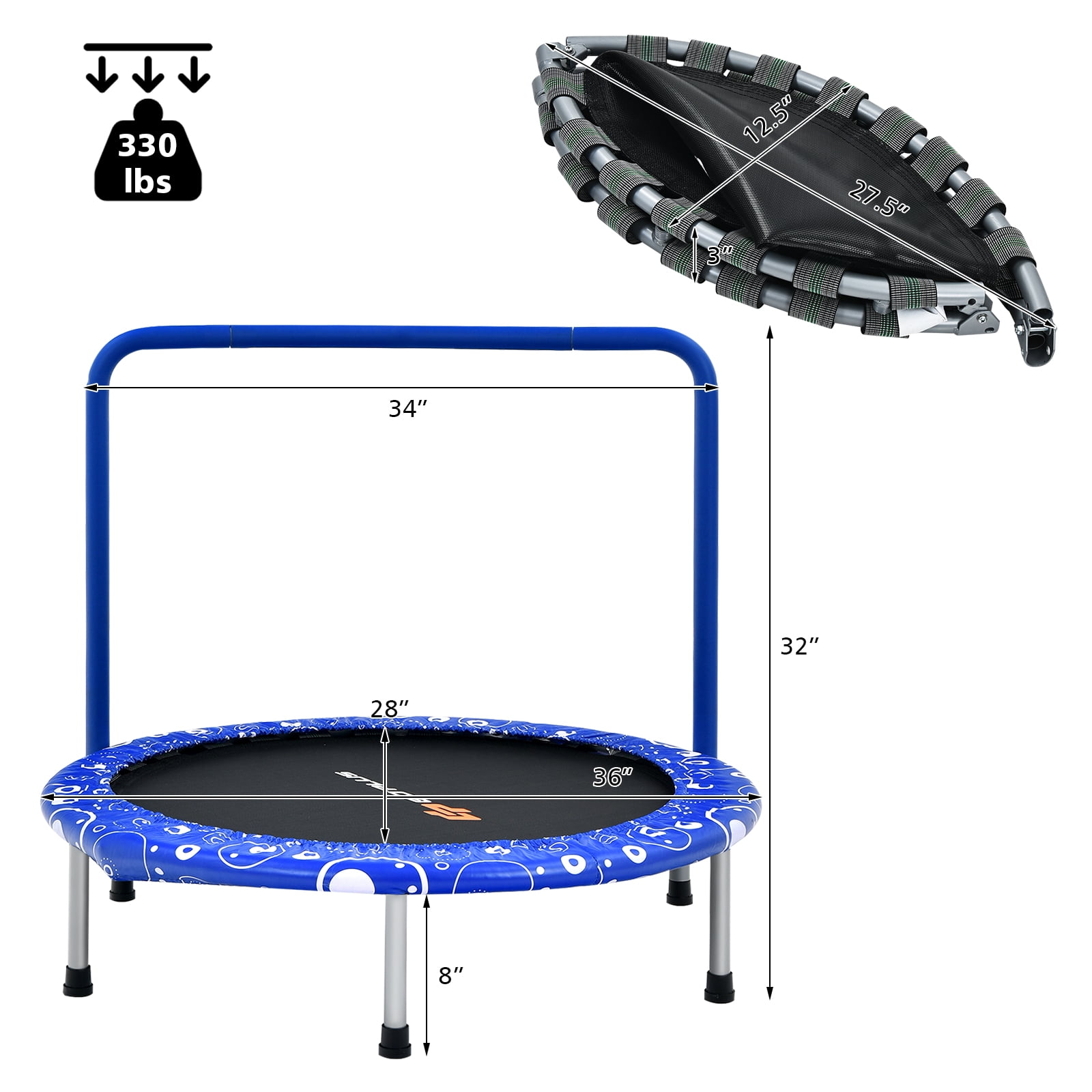 Infans 36" Kids Trampoline Rebounder W/Full Covered Handrail & Pad Indoor Outdoor Blue