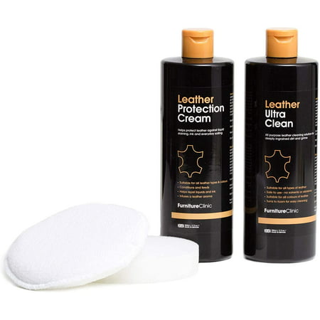 Furniture Clinic Large Leather Care Kit - Includes a 17oz Protection Cream & Conditioner, 17oz Leather Cleaner, Sponge & Cloth | Condition & Protect Leather Furniture, Chairs, Car (Best Leather Cleaner For Cars 2019)