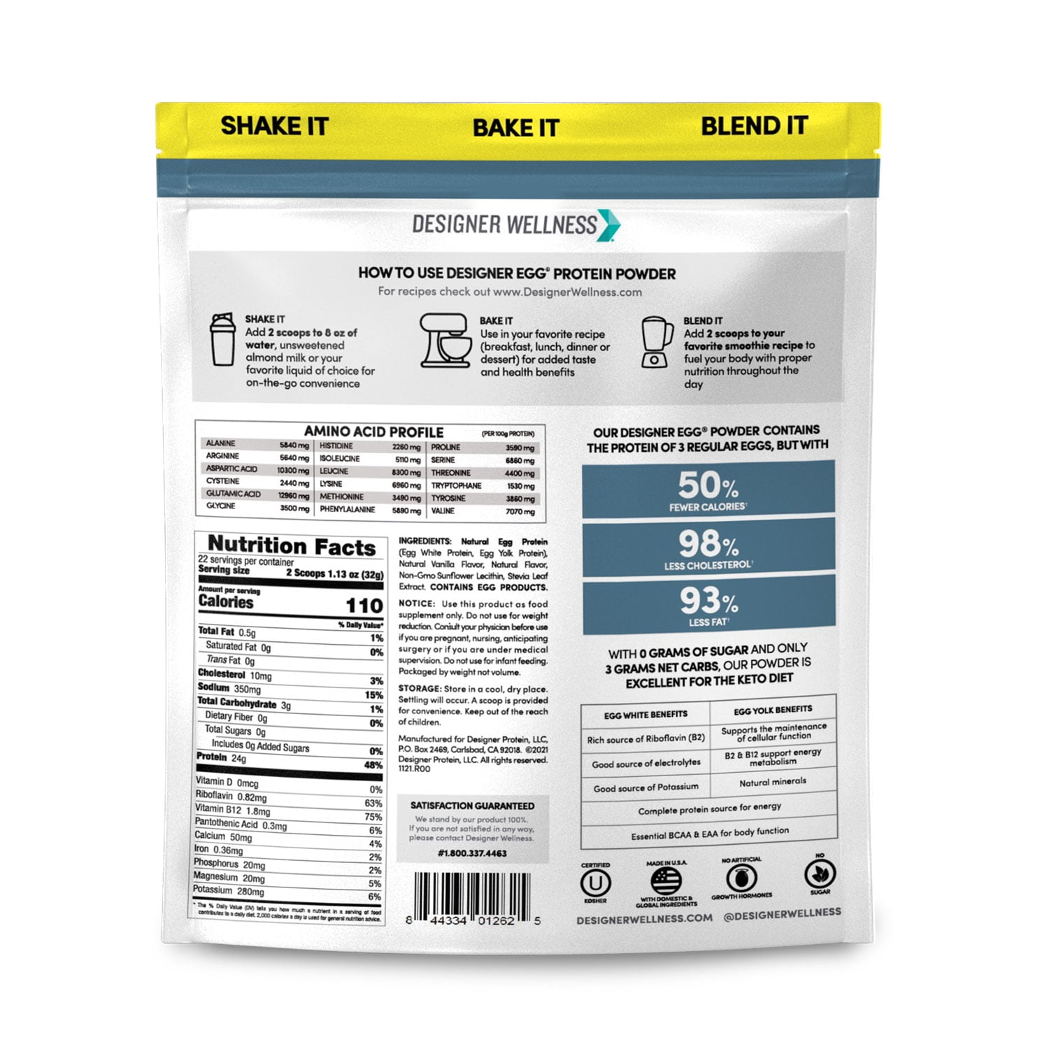 Designer Wellness , Designer Egg, Natural Egg Yolk & White Protein Powder, 24g Protein, Keto and Paleo Friendly, Less Fat and Cholesterol, Vanilla,1.55lb