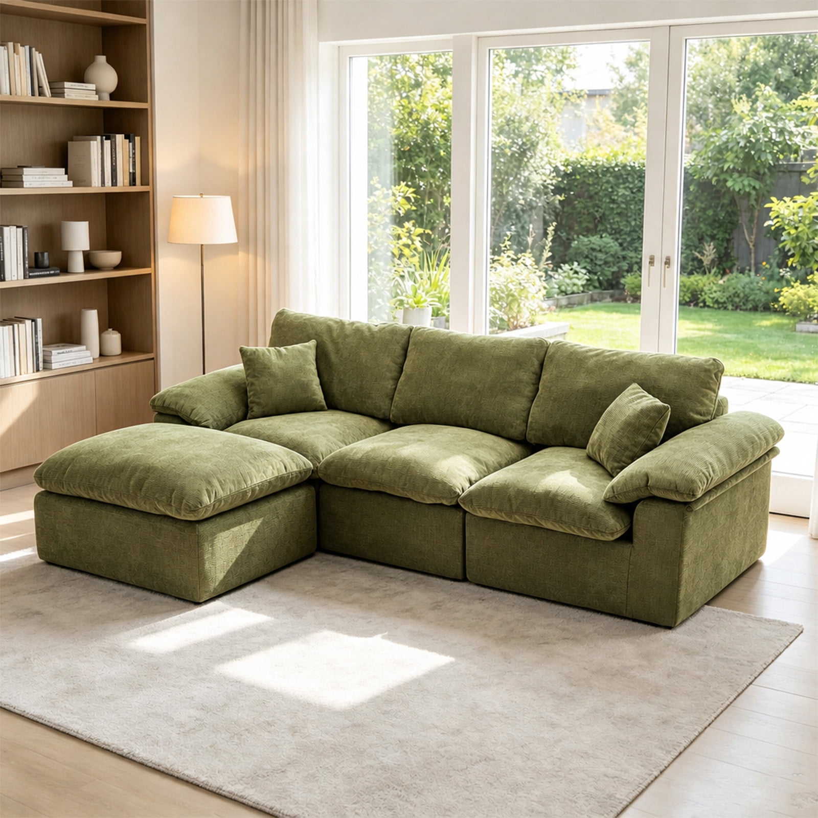 Aisword 102.3" Modular Sectional Sofa,Oversized Cloud Couch with Movable Ottoman,L-Shaped Convertible Boneless Sofa,Deep Seat Chenille Sectional Couch for Living Room,Green