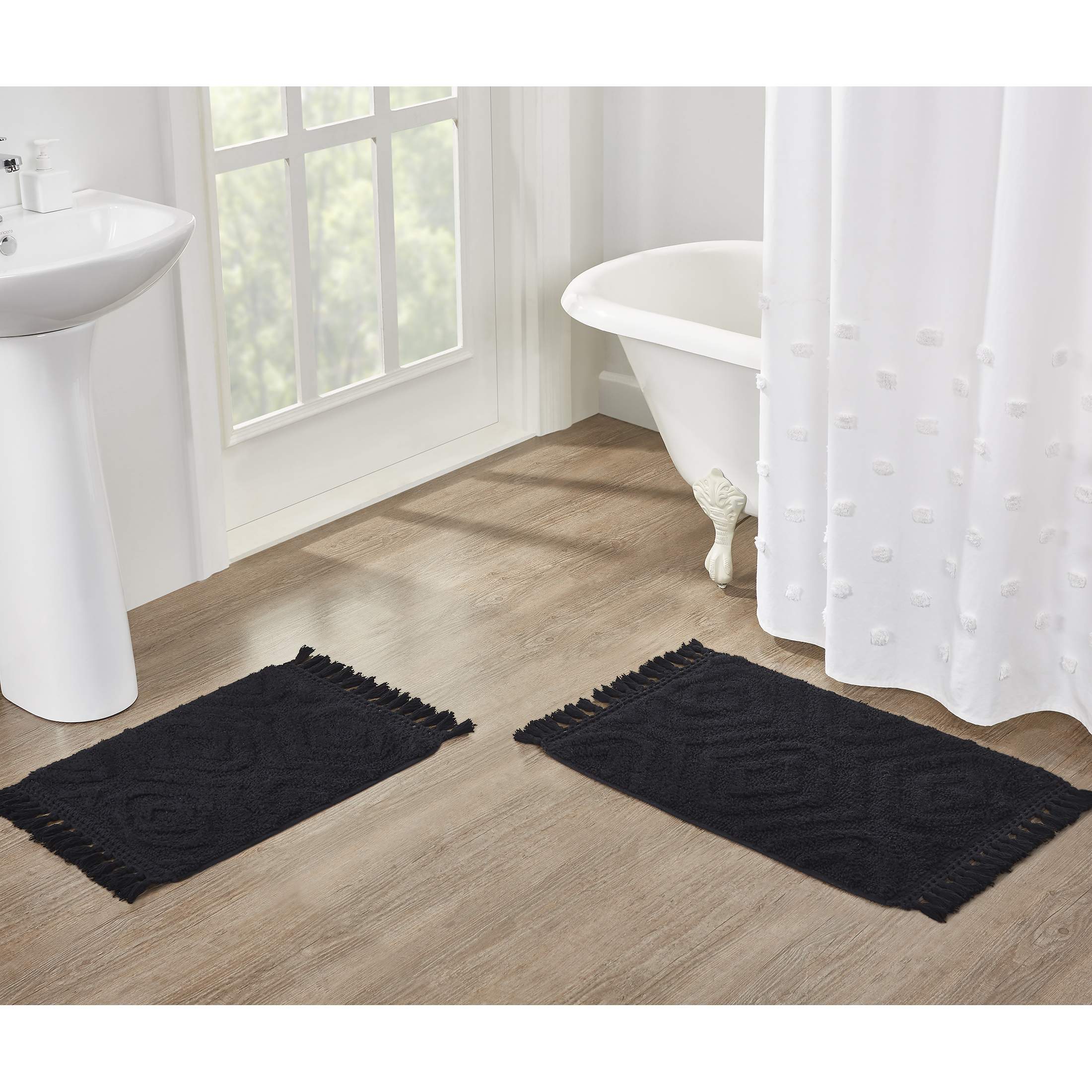 Better Homes & Gardens Geometric Fringe Cotton Bath Rug Set, 2 Pieces, Black