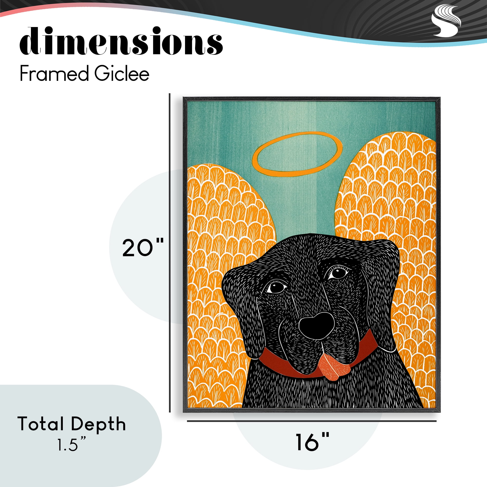 Dog Angel with Yellow Wings Black Framed Giclee Art, design by Stephen Huneck