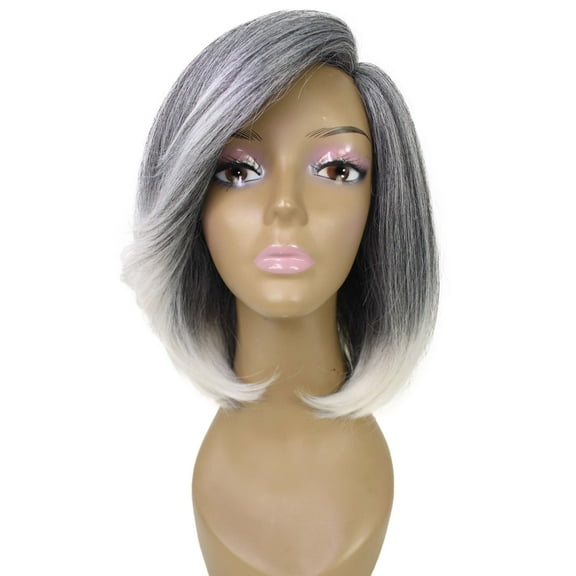 LUXLUXE Kennedy Straight Layer 12 in Long Full Wig Full Cap Wig, Heat Resistant Fibers, Mixed Gray with White Highlights