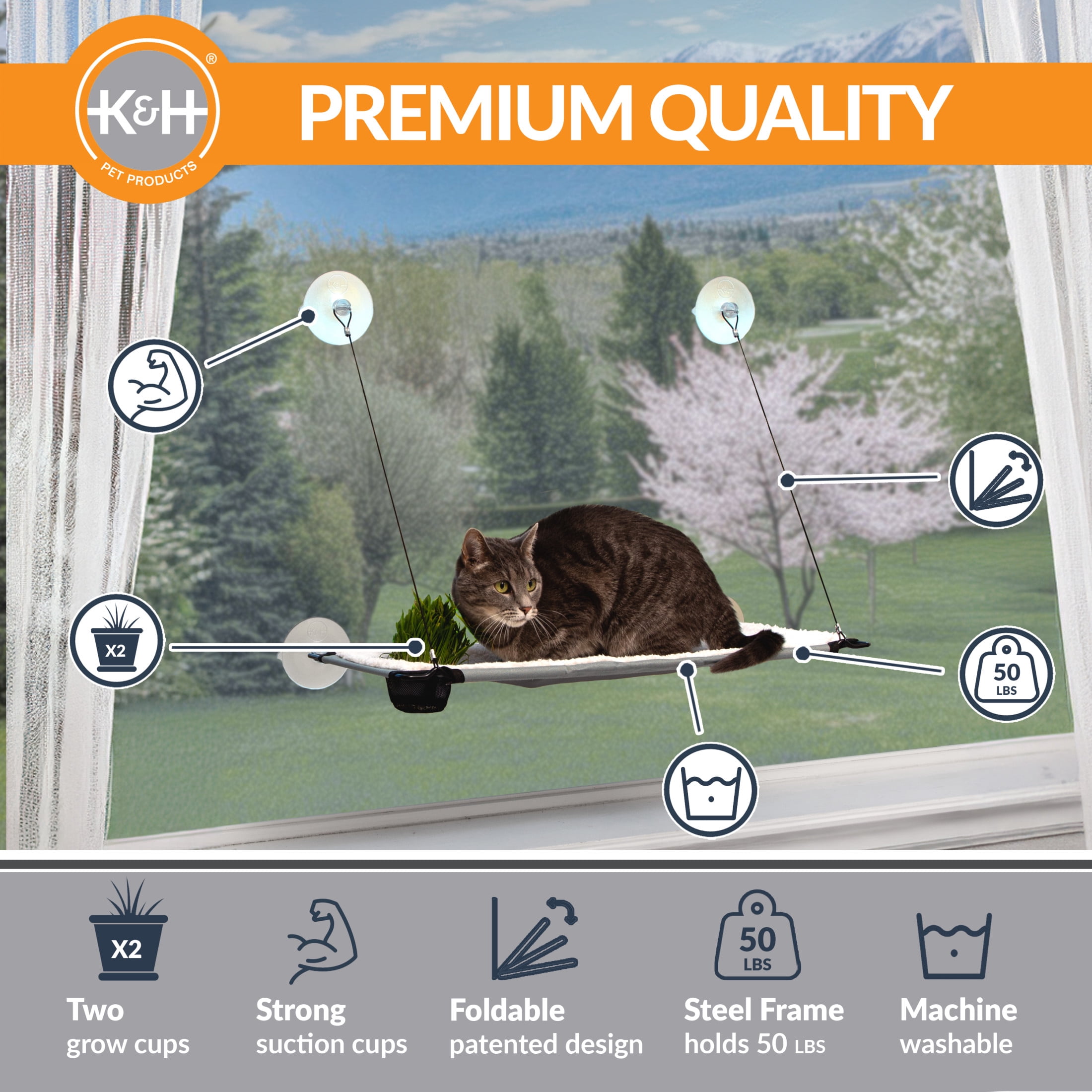K&H Pet Products Window Lounger Cat Perch with Cat Grass Grow Station Single Level Natural 23 X 12 Inches