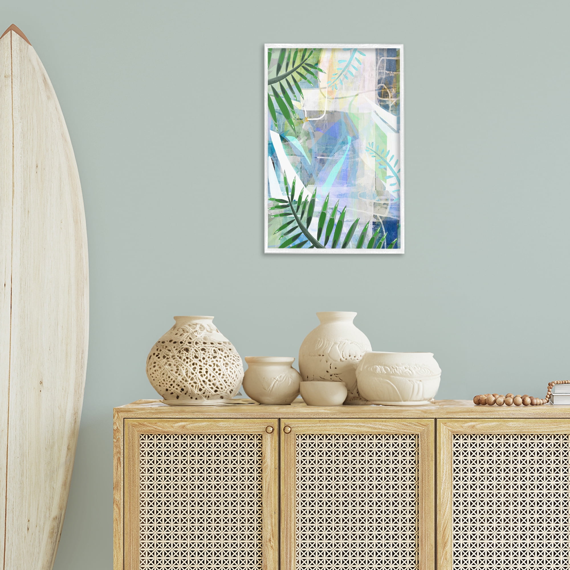 Stupell Industries Geometric Tropical Leaves Coastal Painting White Framed Art Print Wall Art, 16 x 24