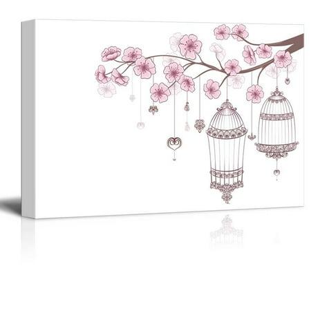 Birds On A Branch Canvas Prints Wall Art - Cages of Birds on a Blooming Cherry Branch | Modern Wall Decor/Home Decor Stretched Gallery Canvas Wrap Giclee Print & Ready to Hang - 12